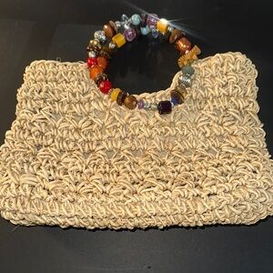 Cappelli Straworld Beige Woven‎ Clutch with Colorful Beaded Handle